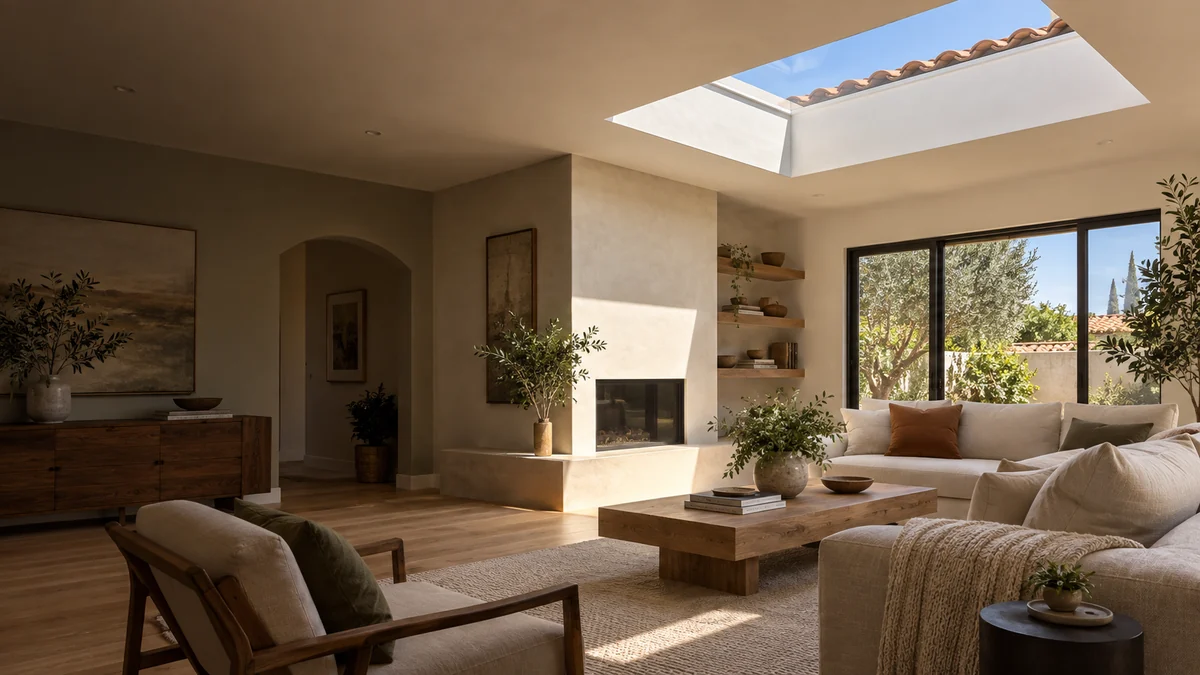 Warm modern Lake Forest living room illuminated by a broad roof skylight