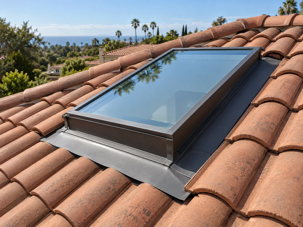 Skylight and metal flashing composed within a Southern California tile roof